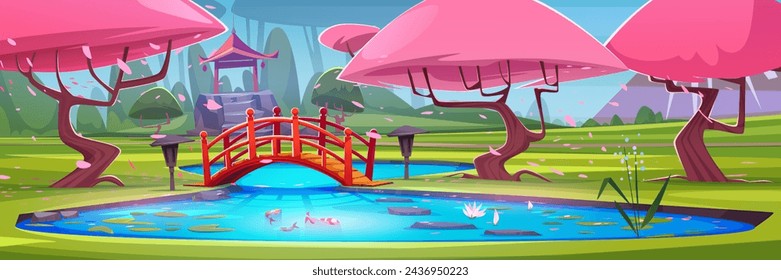 Japanese city park with koi fishes and lotus in pond, wooden bridge, pink flowering sakura trees and traditional shape gazebo. Cartoon vector illustration of spring landscape with blossom cherry.