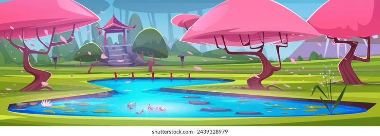 Japanese city park with pink flower sakura trees, traditional shape gazebo, pond with koi fishes. Cartoon vector illustration of spring landscape with blossom cherry, lake and arbor in public garden.