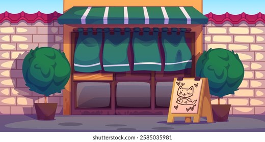 Japanese city street shop facade with green awning and traditional curtains, brick walls, topiary plants in pots and wooden signboard with cute cat and fish. For urban oriental background design.