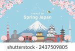 Japanese cityscape vector illustration. 
spring scenery with cherry blossoms blooming.
