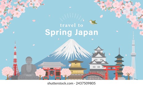 Japanese cityscape vector illustration. 
spring scenery with cherry blossoms blooming.