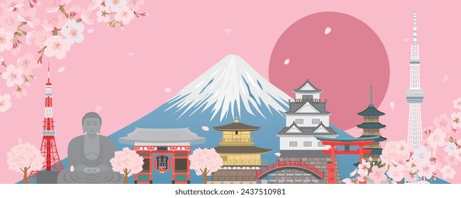 Japanese cityscape vector illustration. 
spring scenery with cherry blossoms blooming.