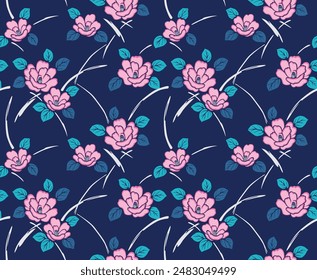 Japanese Classic Flower Leaf Vector Seamless Pattern