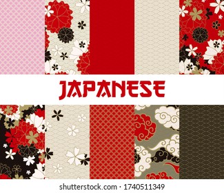 Japanese classic sakura and clouds ornaments seamless patterns for traditional tixtile fabric, asian festive design in red, black, golden with spring flowers in blossom, vector illustration set