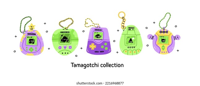 Japanese classic Tamagotchi with screen display, chain and buttons. 90s Tamagotchi digital pet pocket game. Millennial kid. Kidcore social media template. Vector Kawaii illustration in 00s 