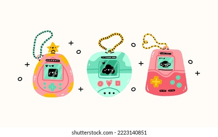 Japanese classic Tamagotchi with screen display, chain and buttons. 90s Tamagotchi digital pet pocket game. Millennial kid. Kidcore social media template. Vector Kawaii illustration in 00s