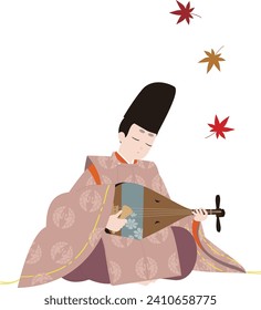Japanese classical costume. Autumn leaves and "Karigi" clothes. A man plays the musical instrument "Biwa". Illustration of peace image