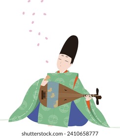 Japanese classical costume. Falling cherry blossom petals and “Karigi” clothes. A man plays the musical instrument "Biwa". Illustration of peace image