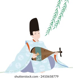 Japanese classical costume. . Weeping willow and ``Karigi'' clothes. A man plays the musical instrument "Biwa". Illustration of peace image