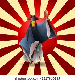 Japanese classical Noh performer in traditional costume and face mask against the rising sun symbol. Vector illustration.