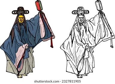 Japanese classical Noh performer in traditional costume and face mask, isolated against white. Hand drawn vector illustration.