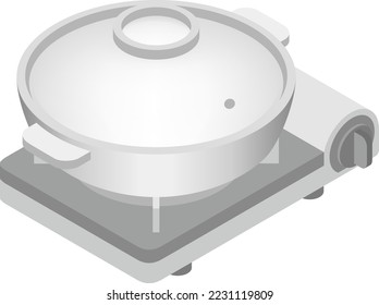 La olla de arcilla japonesa en la estufa de gas portátil aislada en fondo blanco