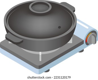 La olla de arcilla japonesa en la estufa de gas portátil aislada en fondo blanco