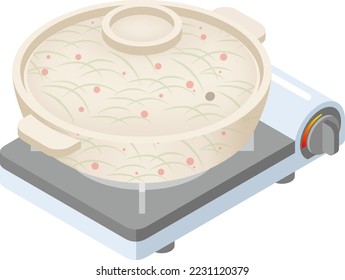 La olla de arcilla japonesa en la estufa de gas portátil aislada en fondo blanco