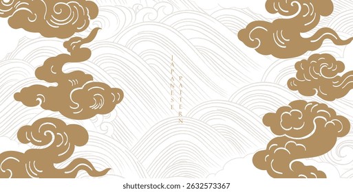 Japanese cloud background with hand drawn line wave pattern vector. Abstract template with geometric pattern. Ocean sea backdrop layout design in oriental style. Chinese cloud elements.