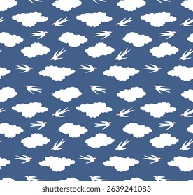 Japanese Cloud Flying Bird Vector Seamless Pattern