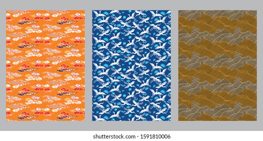 Japanese cloud, heron, ocean wave abstract background