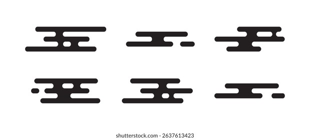 Japanese cloud line pattern, Chinese motif, oriental element icon. Korean simple shape, Asian style. Abstract China sign, black geometric decor Tibetan set isolated on white bg. Vector illustration