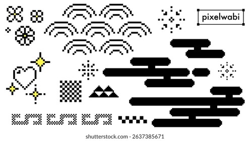 Japanese cloud motif. Asian seigaiha pattern. Pixel art style. Geometric mist texture. Abstract traditional oriental ornament on white background. Y2k inspired simple black japan, china decoration set