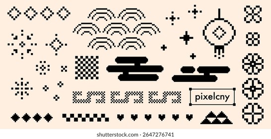 Japanese cloud motif, geometric seigaiha texture, cherry blossom icon, tradition patterns on white bg. Decorative abstract Japan Asia black pixelated elements for Asian oriental digital style design