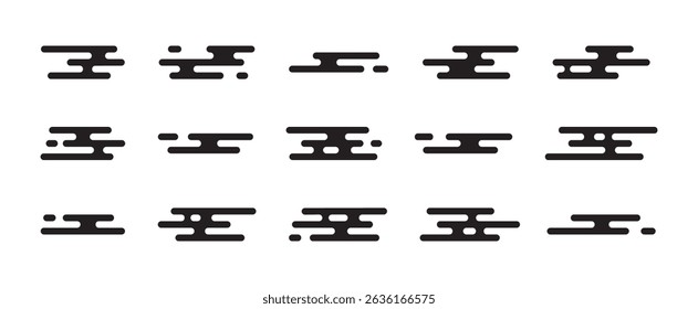Patrón de nube japonés, línea de estilo chino, forma simple oriental, icono de elemento coreano, motivo asiático. Símbolo Abstractas de China, conjunto tibetano geométrico negro aislado sobre fondo blanco. Ilustración vectorial
