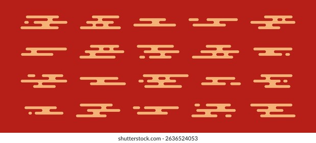 Japanese cloud pattern, Chinese style gold line, oriental simple shape, Korean element icon Asian motif. Abstract China symbol, yellow geometric Tibetan set on dark red background. Vector illustration