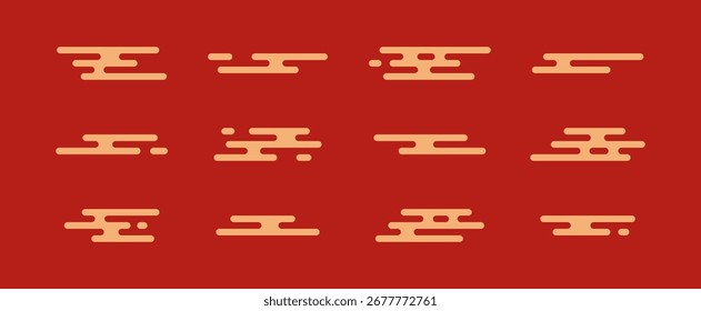 Japanese cloud pattern, Chinese style, oriental simple motif. Abstract Asian line shape on red background. Golden korean symbol smoke, Japan ethnic icon, China wave tradition bg. Vector illustration