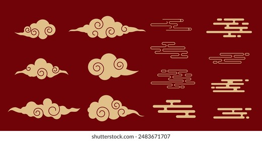 Japanese cloud set, asian traditional wavy curly ornament. China ornament, eastern decoration doodle, line. Clouds flow with the wind in the sky .