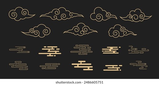 Japanischer Wolkenset, asiatisches traditionelles gewelltes Ornament. China-Ornament, östliche Dekoration, Doodle Linie. Wolken fließen mit dem Wind am Himmel.