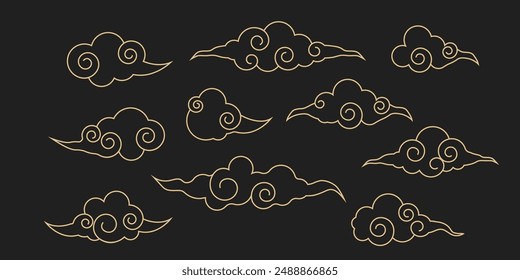 Japanese cloud set, asian traditional wavy curly ornament. China ornament, eastern decoration doodle, line. Clouds flow with the wind in the sky .