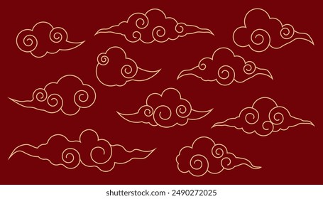 Japanese cloud set, asian traditional wavy curly ornament. China ornament, eastern decoration doodle, line. Clouds flow with the wind in the sky .