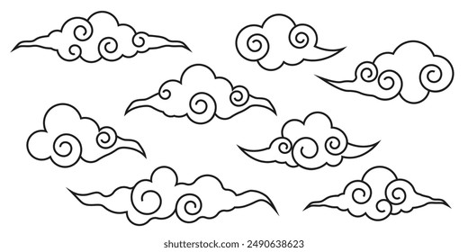 Japanese cloud set, asian traditional wavy curly ornament. China ornament, eastern decoration doodle, line. Clouds flow with the wind in the sky .