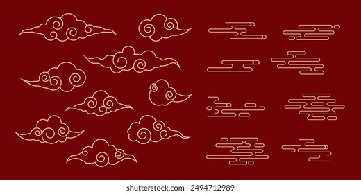 Japanese cloud set, asian traditional wavy curly ornament. China ornament, eastern decoration doodle, line. Clouds flow with the wind in the sky .