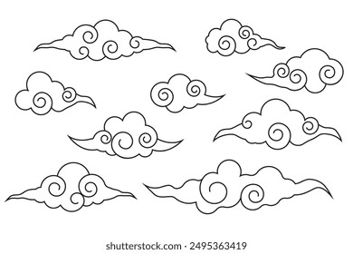 Japanese cloud set, asian traditional wavy curly ornament. China ornament, eastern decoration doodle, line. Clouds flow with the wind in the sky .