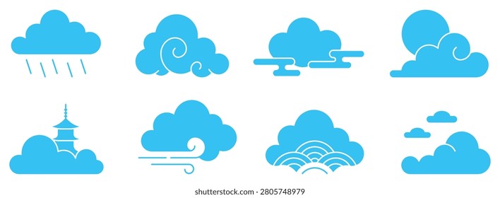 Japanese cloud solid set skyblue icon collection, traditional asian style oriental patterns, weather elements with rain wind sun pagoda silhouette decorative graphic design vector illustration.