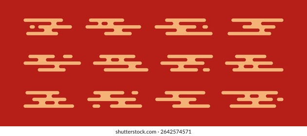 Japanese cloud style, Chinese gold line pattern, oriental simple shape, Korean element icon, Asian motif. Abstract China symbol, geometric Tibetan set on dark red background. Decor vector illustration