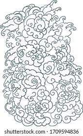 Antecedentes de tatuajes en la nube japonesa.Hand dibujó olas y nubes japonesas aisladas sobre fondo blanco.
