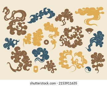 Japanese clouds. Oriental asian pattern with chinese ancient wave, art sky texture curly eastern style. Traditional chinese cloudscape isolated design elements. Vector night background