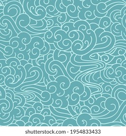 Japanese clouds seamless pattern. Chinese clouds endless design. Traditional Asian ornament. Oriental cloud seamless pattern. Abstract wavy curled background for wallpaper, textile, paper print.