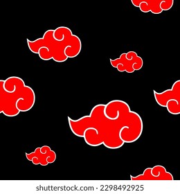 Japanese Clouds Seamless Pattern inspired by Anime and Manga. Vector graphic with red elements on black background. Asian style design for textile, apparel, clothing, background.