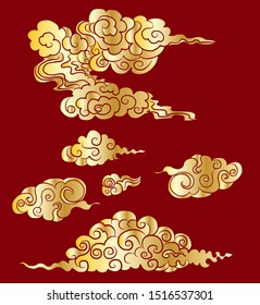 Japanese clouds vector for tattoo style on isolated background.Chinese clouds and wave illustration set.
