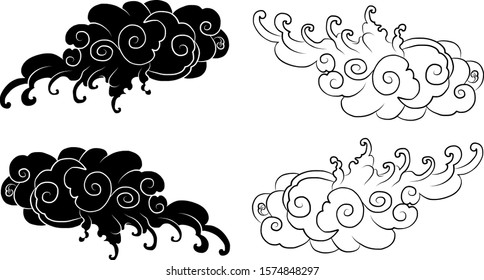 Japanese clouds vector for tattoo style on isolated background.Chinese clouds and wave illustration set.