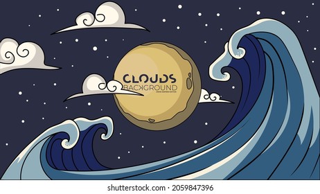 japanese clouds and wave with moon  hand drawn background wallpaper japanese anime inspired edition 7 of 20 blue gold dark blue