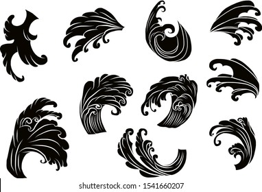 Japanese clouds and waves illustration for tattoo design set.Chinese waves vector style on isolated white background.Korean tattoo.