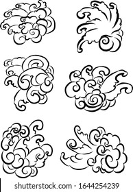 Nubes y ondas japonesas vectoriales para el diseño de tatuajes. Nubes y olas chinas para el arte del doodle y libro de colorear sobre fondo blanco aislado.