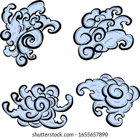 Nubes y ondas japonesas vectoriales para el diseño de tatuajes. Nubes y olas chinas para el arte del doodle y libro de colorear sobre fondo blanco aislado.