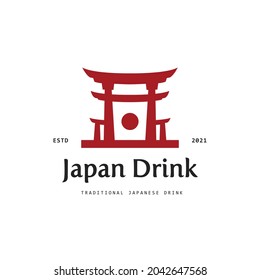 Japanese Coffee, Drink Logo vector on isolated background- Creative negative space  icon, symbol combination featuring a coffee cup and Tradional Japanese Gate, historical building landmark