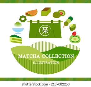 Japanischer Coffee Shop-Matcha-Dessertset, geeignet für Karten, Hintergrunddekoration, chinesisches Wortsymbol "Tee"