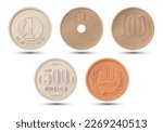 Japanese coins set. Reverse on white background. Vector illustration.