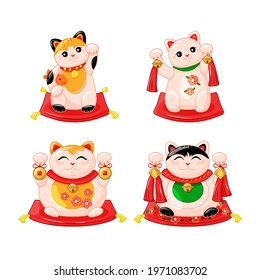 Japanese collection of Maneki Neko cats in the kartun style. Traditional White Happy Cat Doll with Fish, Bells. Vector